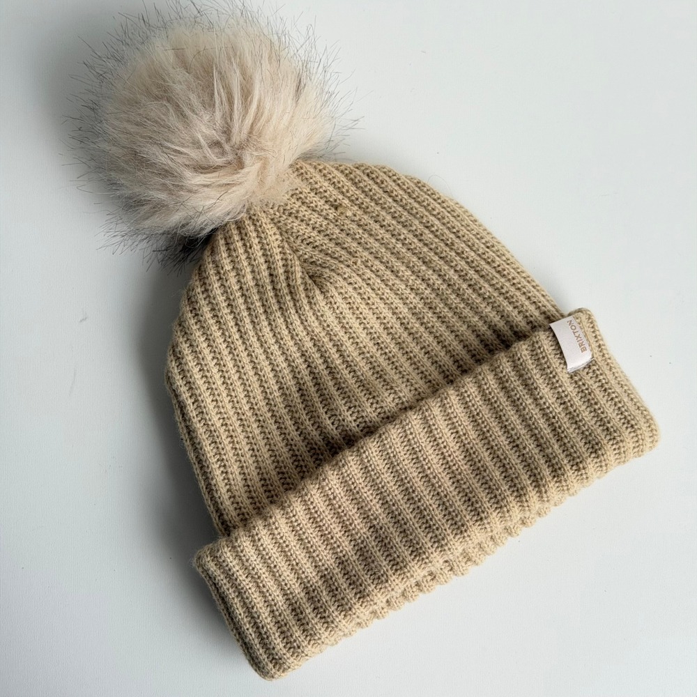 Brixton Knit Pom Beanie Womens Beige Chunky Ribbed Cuff Winter Ski Cap Faux Fur